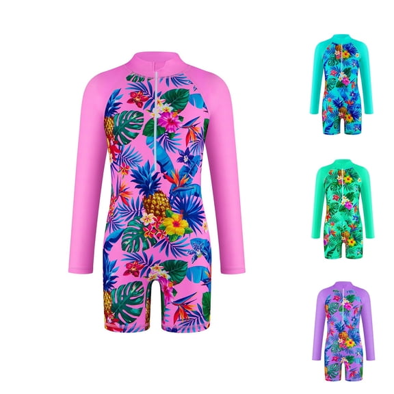 Xmyrz One Piece Bathing Suit For Girls Leaf Printed Long Sleeve Swimming Sunscreen Quick Dry Swimsuit Zip Up Trainning Swimwear For 4-12Y
