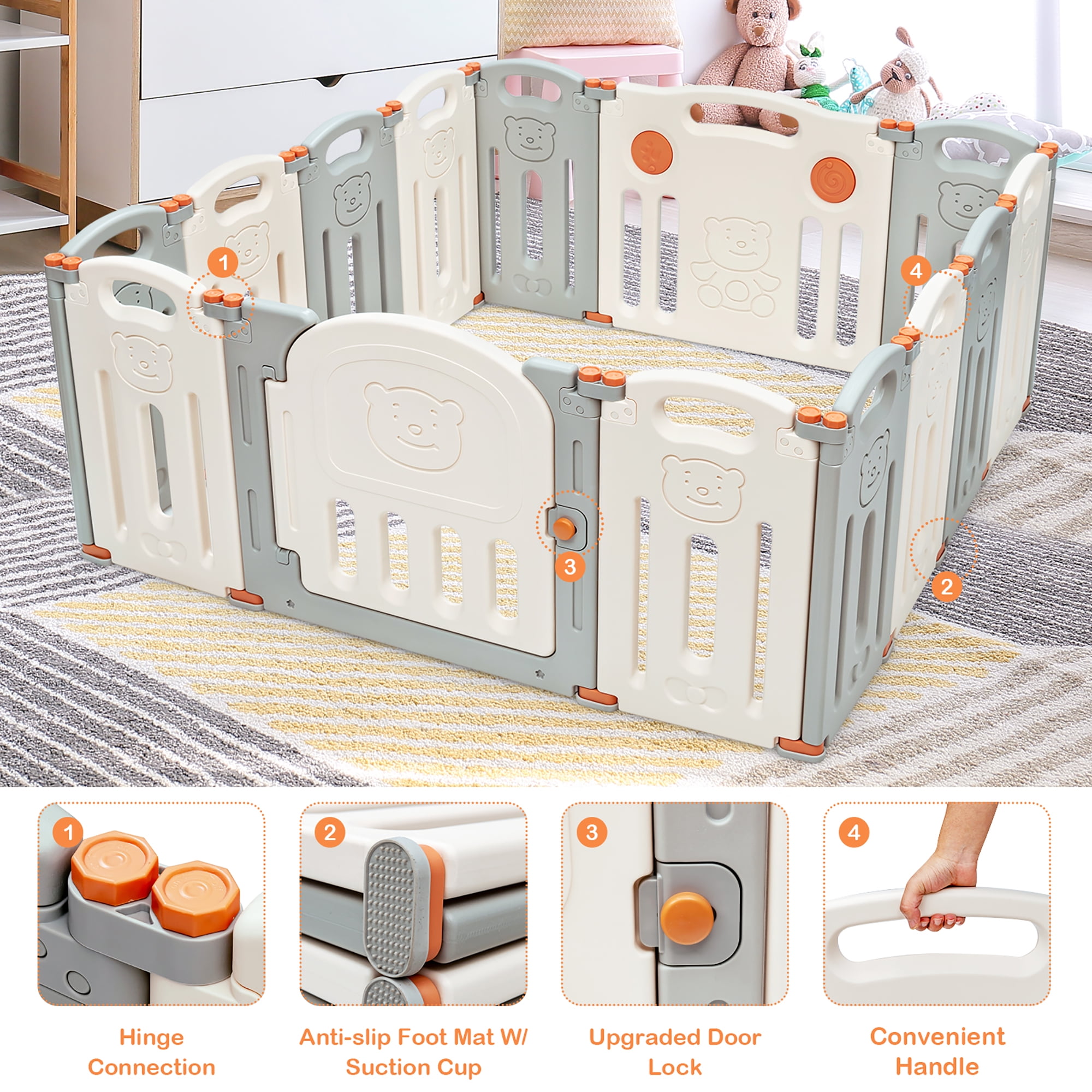 14-Panel Foldable Baby Playpen with Lockable Gate and Non-slip