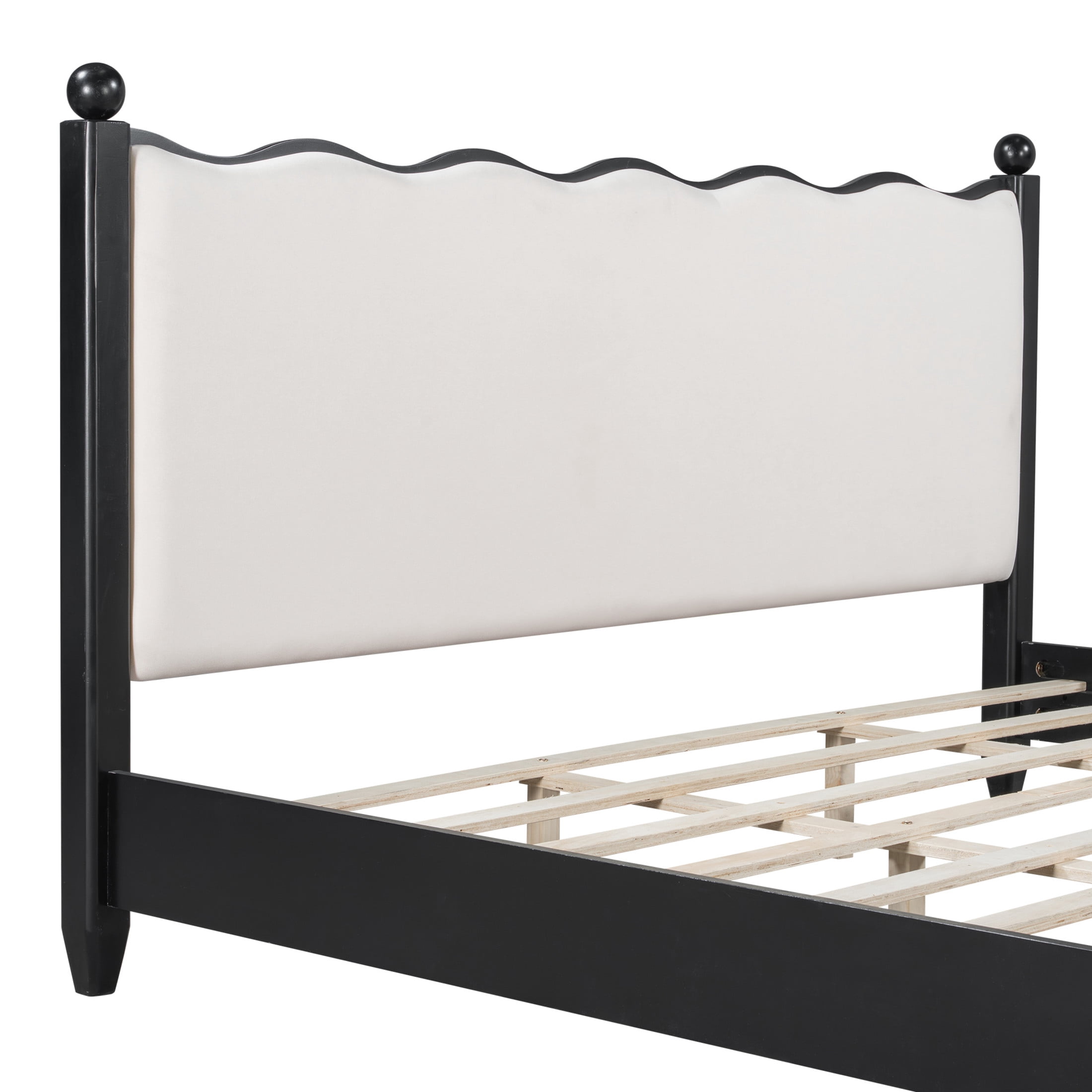 Noble House Lorven King Size Platform Bed with Scalloped Upholstered Headboard, Pine Wood Frame, Beige & Black