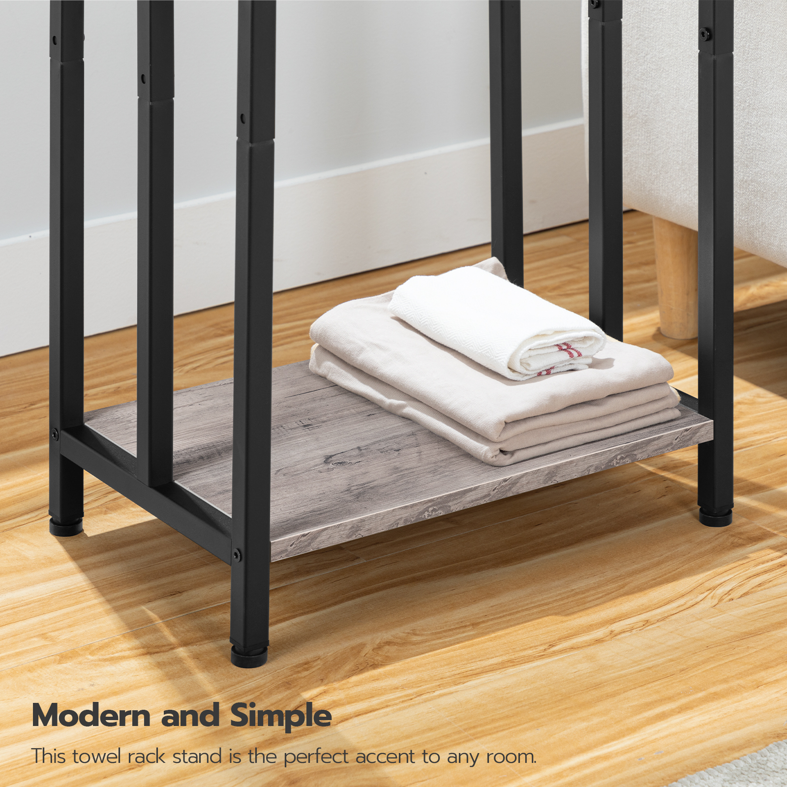 HOOBRO Free Standing Towel Rack, 3 Tier Blanket Rack, Blanket Holder for Bathroom, 16.9" L x 11" W x 31.9" H, Industrial Metal Drying and Display Rack with Shelf, Gray and Black BG03LB01