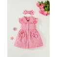 thumbnail image 2 of 2T Baby Girls Dress Toddler Girls Summer Plaid Dress 3T Girls Flying Sleeve Lapel Dress with Headband Pink, 2 of 7