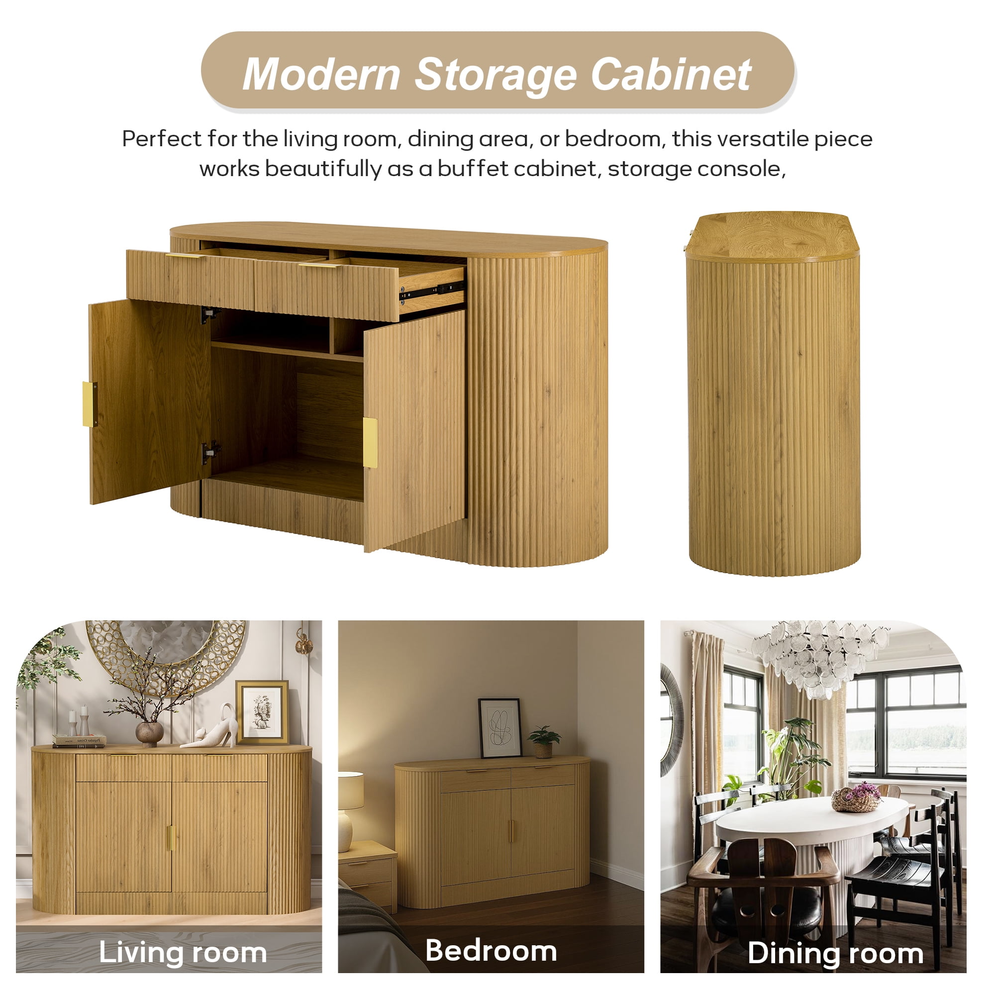 Euroco Modern Buffet Cabinet with Storage, 55.1" Large Sideboard with 2 Drawers,Curved Side Door & 3-Tier Shelves, Wood Coffee Bar Cabinets for Kitchen Living Room,Natural