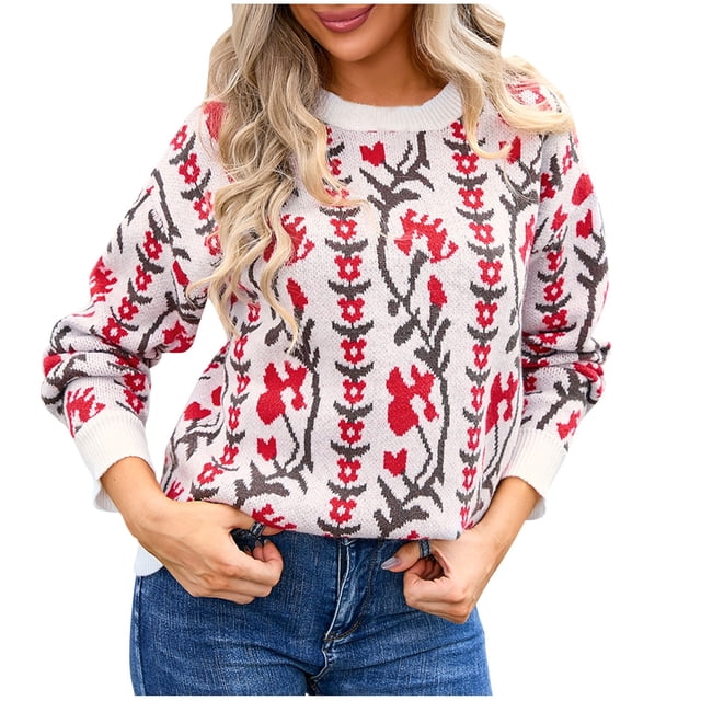Rbaofujie Chandails d'Automne pour Femmes Chandail Tricoté à Rayures Patchwork avec Manches Longues Col en V Hauts de Chandail Rouges Chandails Surdimensionnés pour Femmes