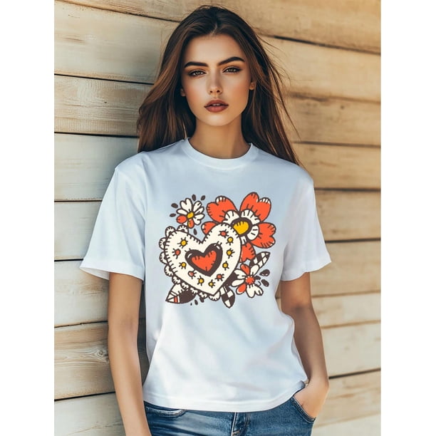 Women'sReturn Style Love Leopard Plaid Flower Print T-Shirt Fashion Short Sleeve Round-Neck Slm Fit Tops Summer Casual Streetwear