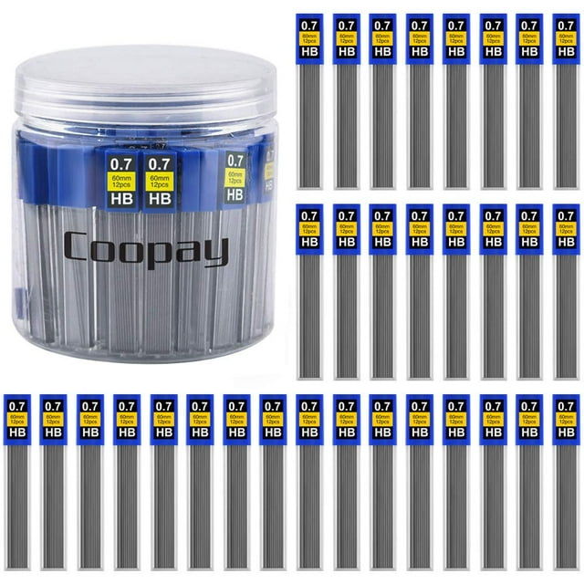 Coopay 960 Pieces Lead Refills 0.7 mm HB Break Resistant Mechanical Pencil Refills, featuring 80 tubes with 12 leads per tube. Each lead measures 0.7 mm in diameter and 60 mm in length, designed for smooth and durable writing. The set is displayed with a clear plastic container holding the tubes, each labeled with '0.7 mm HB' for easy identification. Suitable for office, school, and home use.