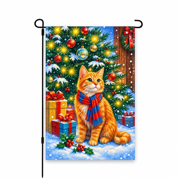 Christmas Cat Garden Flag 12x18 Inch – Festive Orange Cat with Scarf, Christmas Tree & Gifts Design, Outdoor Decor for Yard, Lawn, Patio, or Porch