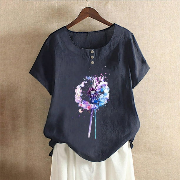 Fiudx Ofertas Flash Del Día Solo En Línea Blusas con Estampado Informal para Mujer, Camisas con Botones, Camisetas de Manga Corta con Cuello Redondo