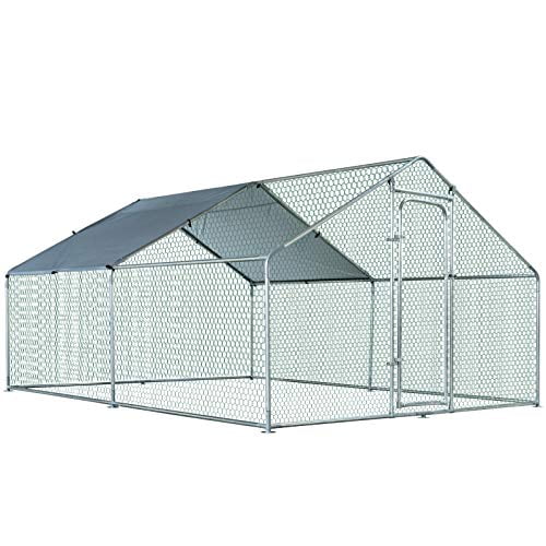 PawHut Galvanized Large Metal Chicken Coop Cage 2 Rooms Walk-in Enclosure Poultry Hen Run House Playpen Rabbit Hutch UV & Water Resistant Cover for Outdoor Backyard 118" x 157.5" x 77"