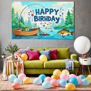 Fishing Theme Happy Birthday Backdrop Banner Background Decorations for Birthday Party Photography Props Party Supplies Outdoor Celebrations