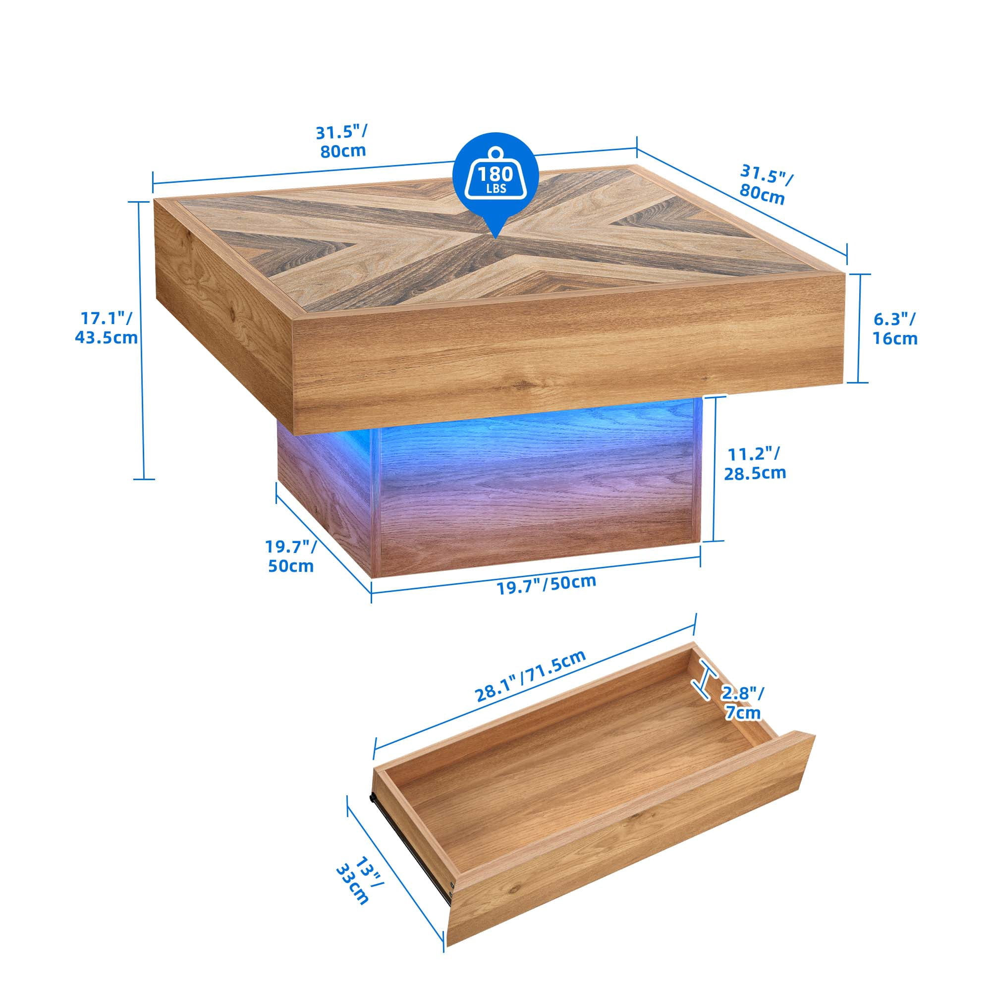 Dextrus Farmhouse LED Coffee Tables Square Center Table with Storage for Living Room, Brown