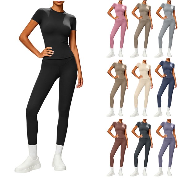 Womens 2 Piece Workout Set Athletic T-Shirt High Waist Leggings Activewear for Gym, Running Yoga Black XL(XL)