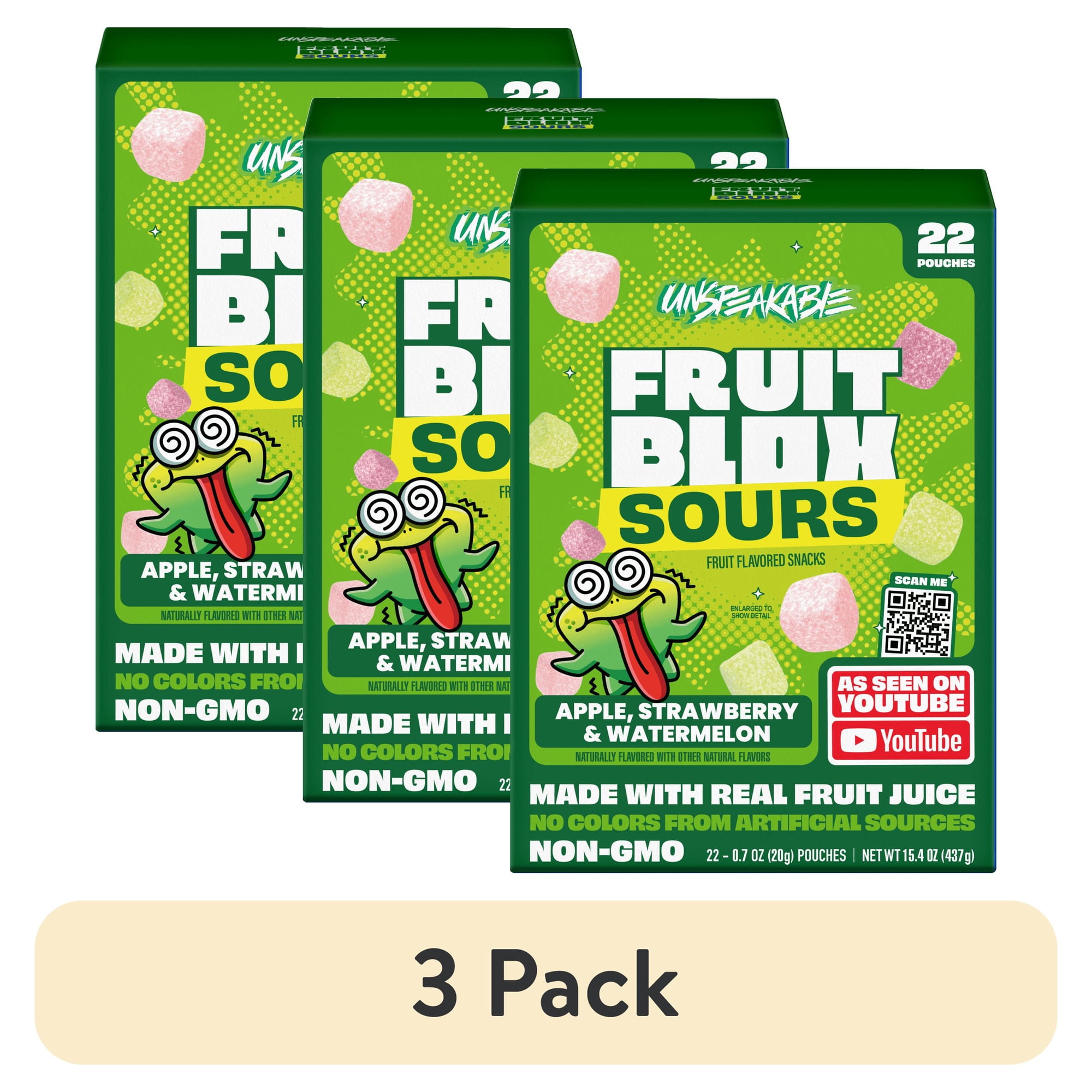 (3 pack) FruitBlox Unspeakable Sour Fruit Snacks, Apple Strawberry and Watermelon, 22 Count