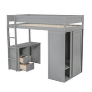 Euroco Wood Twin Size Loft Bed with Desk and Wardrobe, Gray