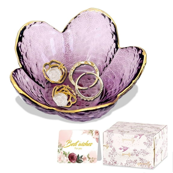 Purple Flower Jewelry Dish Glass Ring Dish Jewelry Tray Cute Vanity Organiser Room Decor Aesthetic Nightstand Bathroom Decor Trinket Dish Ring Holder Dish Jewellery Tray Valentine's Gifts for Women