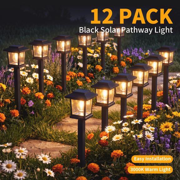 12 Pack Solar Lights Outdoor, Waterproof Led Auto On/Off Solar Pathway Lights for Your Garden, Landscape, Path, Yard, Patio, Driveway,Walkway Decor, Black, Warm White