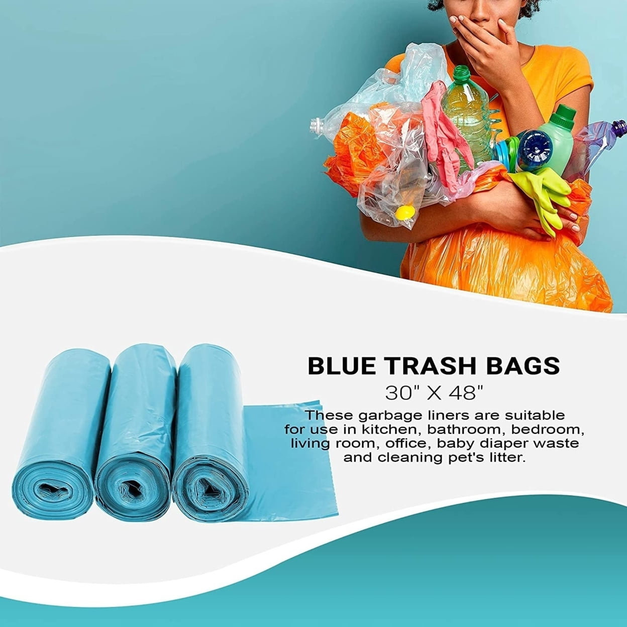 250 Pack Blue HDPE Trash Can Liners 30" x 48" 75–100 LB Ultra Thin 21 Micron