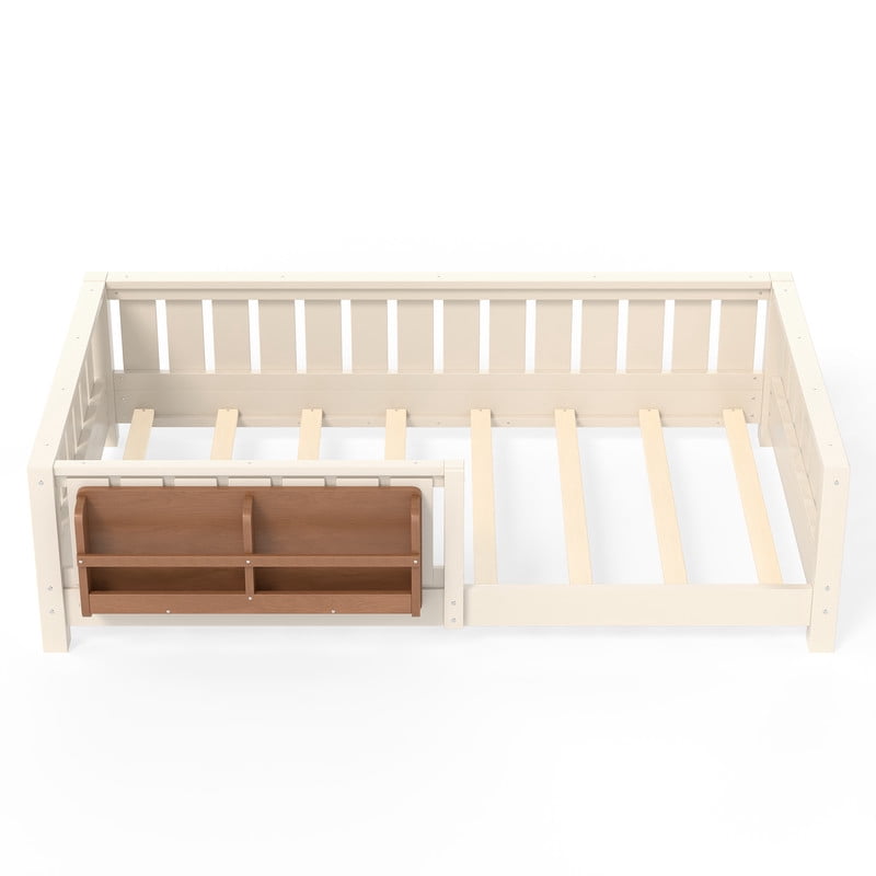 URTR Twin Size Montessori Floor Bed with Storage Bookshelf and High-Quality Safety Guardrail, Wooden Twin Floor Bed Frame, Wooden Platform Bed, Low Profile Twin Bed with Fence and Headboard, Beige