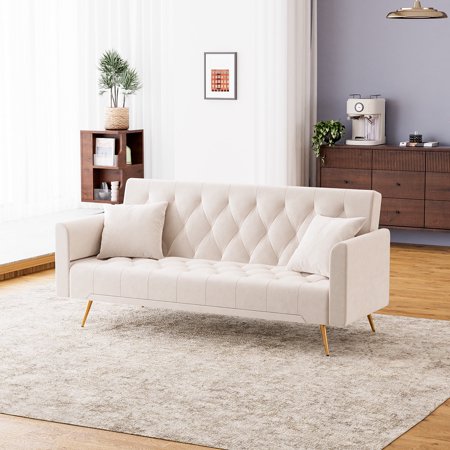 Ouyessir Velvet Futon Sofa Bed with 2 Pillows, Convertible Futon Sleeper Sofa with Folding Armrests, 3 Position Adjustable Backrest Loveseat for Living Room,Beige White