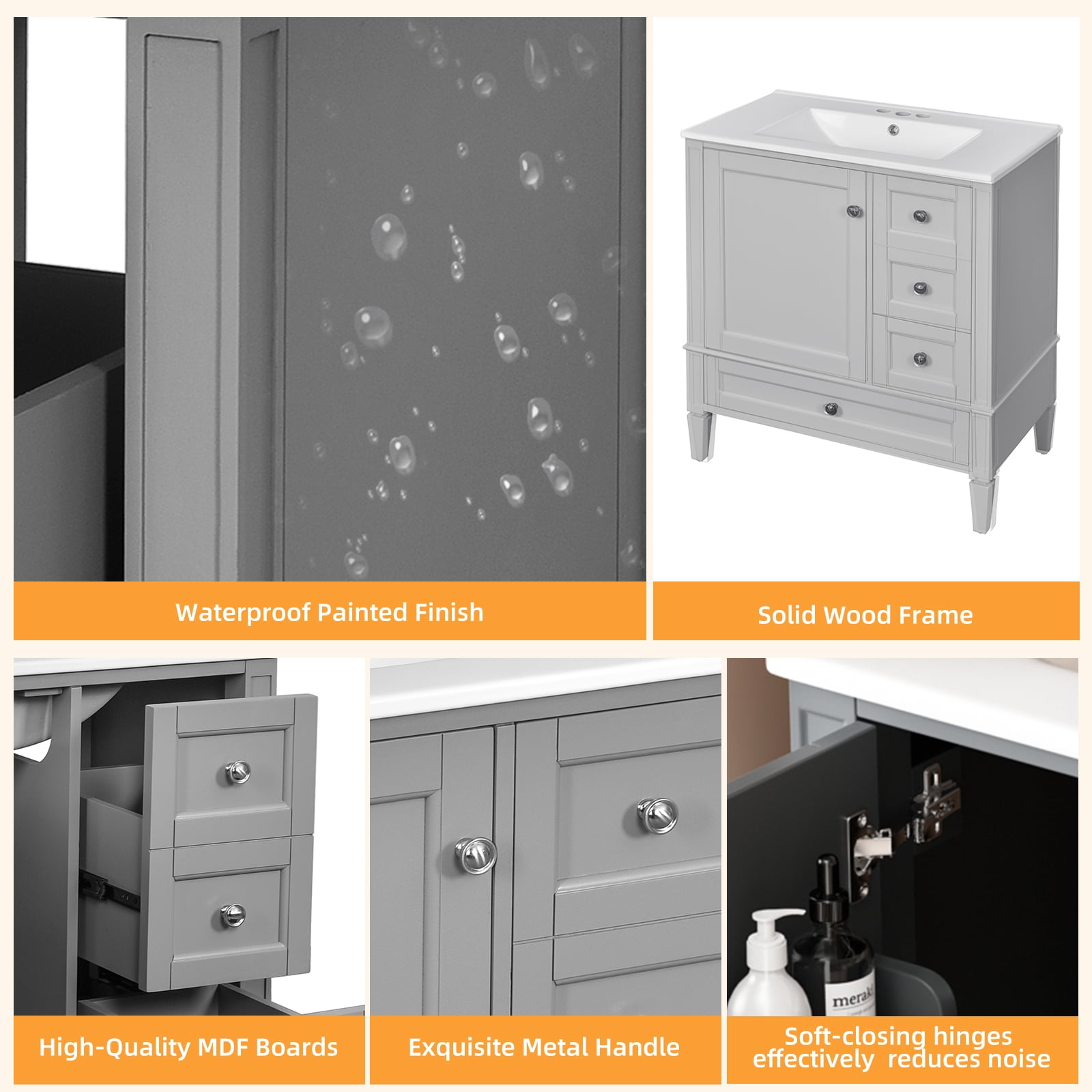 Euroco 30 Inch Bathroom Vanity with Ceramic Sink, Grey Bathroom with 3 Drawers, Solid Wood Frame Modern Bathroom Storage Cabinet , Ideal for Home