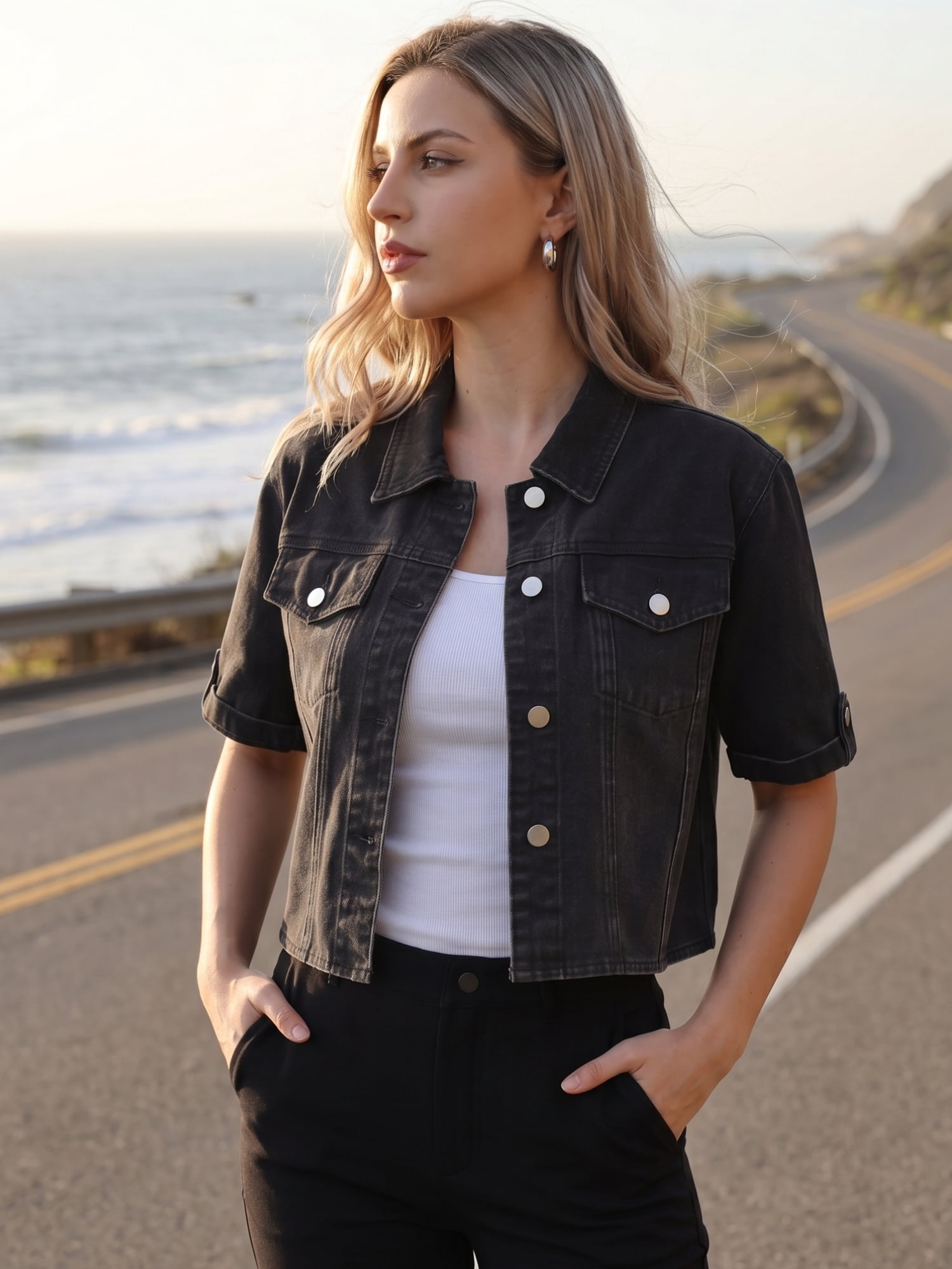 DARING DIVA Women's Short Sleeve Denim Collared Button Up Cropped Jean Jacket S Black