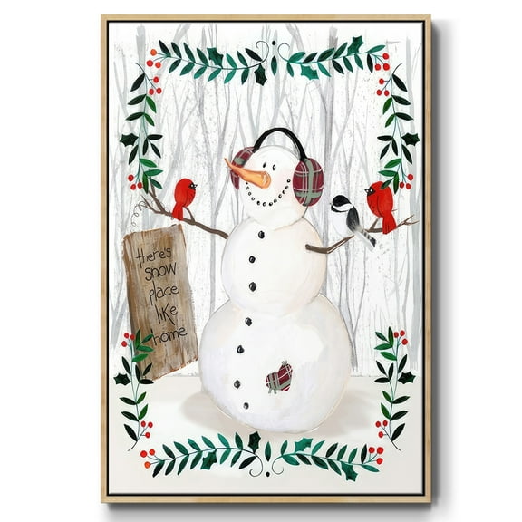Folk Snowman Forest II - Framed Gallery Wrapped Holiday Canvas - 17 x 25 - Natural Wood Frame