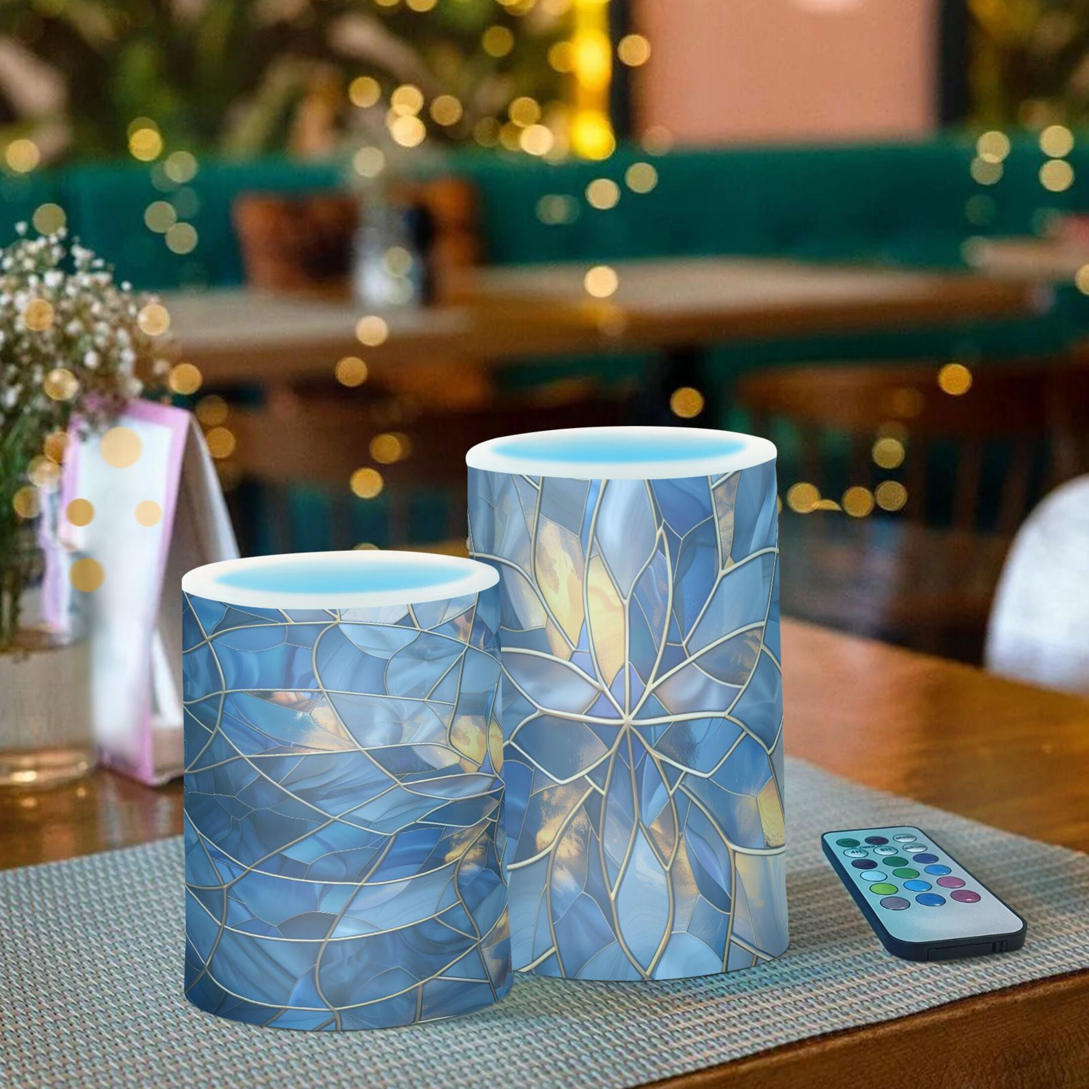 Blue and Gold Glass Flickering Flameless Candles Battery Operated with Remote Timer LED Pillar Candles Set of 2