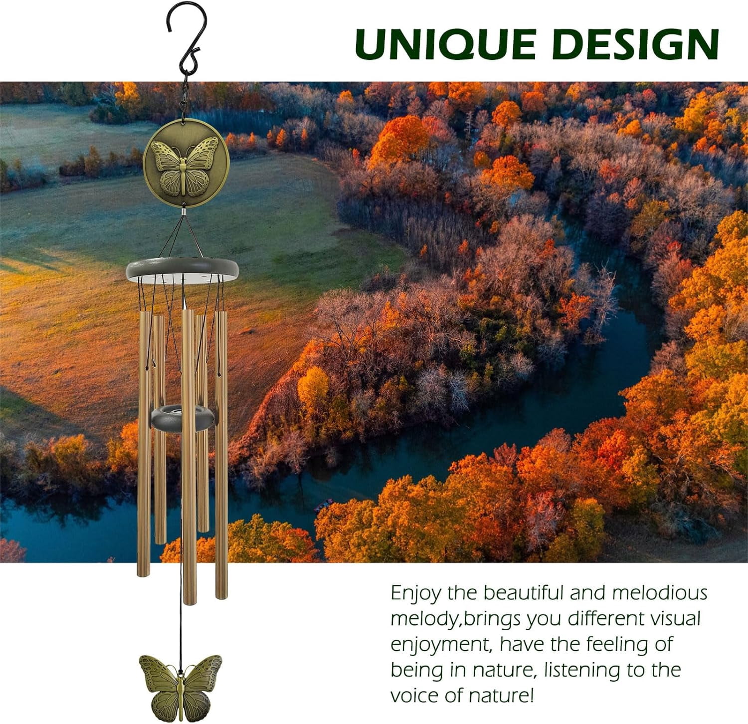 Wind Chimes Outdoor, 32” Bronze Butterfly Wind Chime for Garden Patio Yard Decor, Gift for Women
