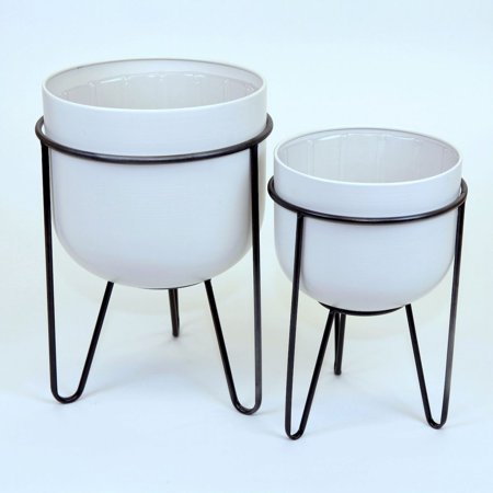 Set Of 2 White Metal Containers On Black Frames Planters