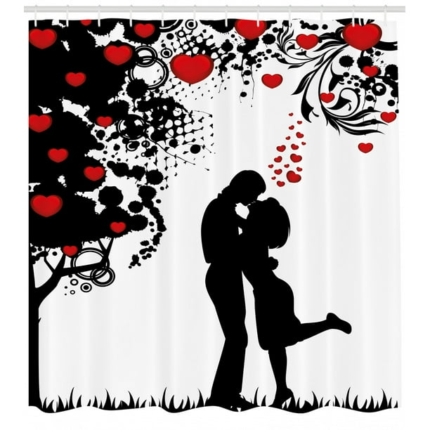 Kiss Shower Curtain, Silhouette of Lovers near Abstract Tree with Red