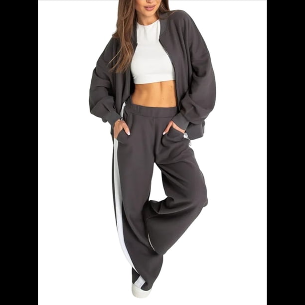 Conjunto de 2 Piezas para Mujer: Sudadera Informal de Larga con Cremallera y Pantalones Deportivos de Pierna Gris XXL
