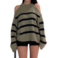 thumbnail image 3 of Pullover Knit Sweaters for Women Loose Fit Striped Long Sleeve Casual Fall Fashion Tops Sex-Y Cold Shoulder Matcha Color One size, 3 of 7