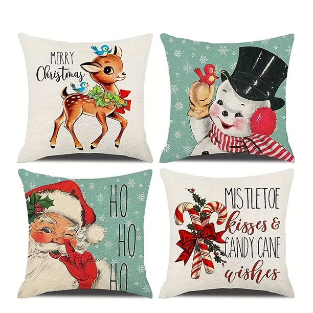 4pcs Christmas Decorations Pillowcase 18x18 Set 4-piece Snowflake Santa Snowman Deer Bird Lollipop Christmas Rustic Winter Holiday Throw Pillow Christmas Decoration Cushion Cover