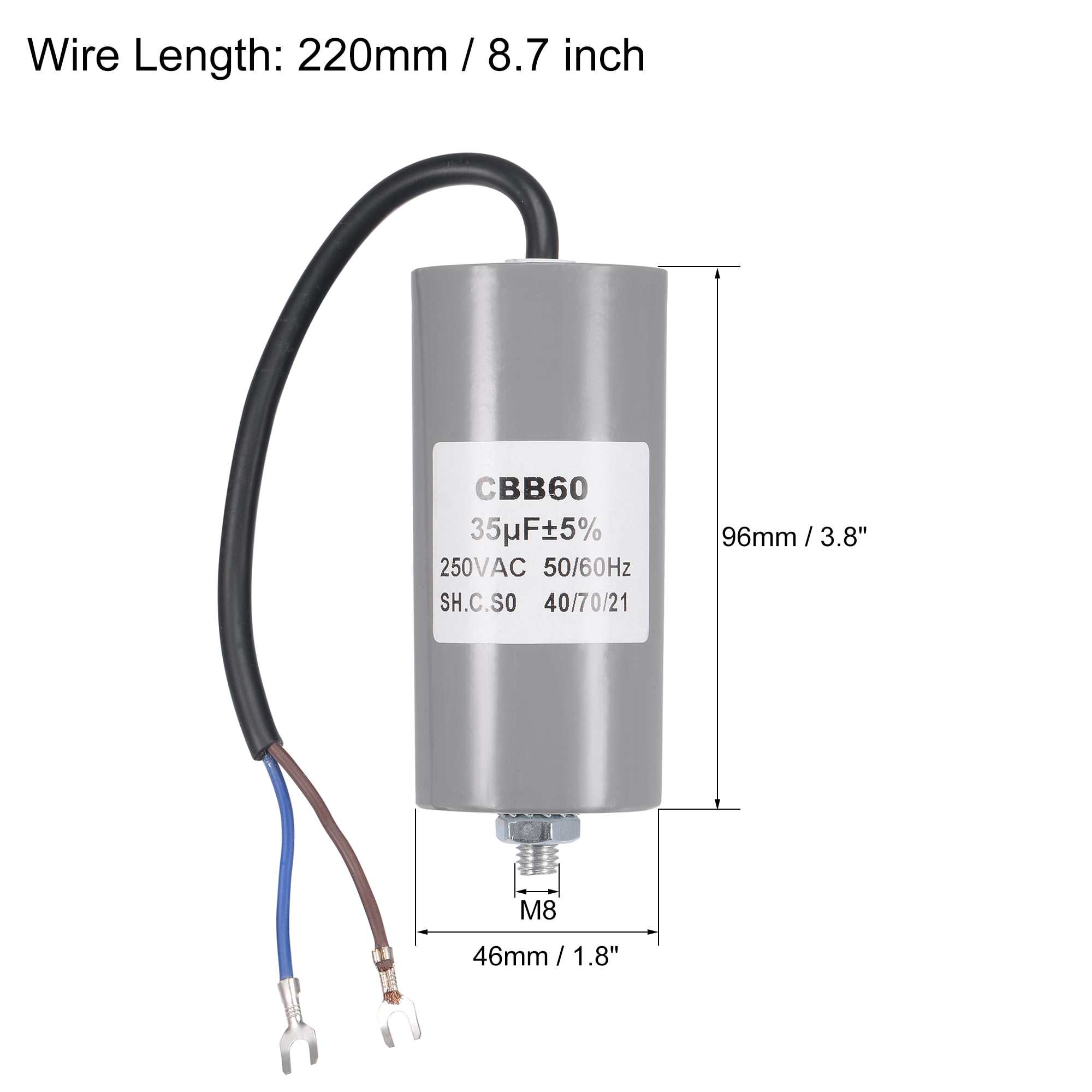 Uxcell 35uF 250V AC 50/60Hz 2 Wires w Fixing Stud, Terminal CBB60 Run Capacitor