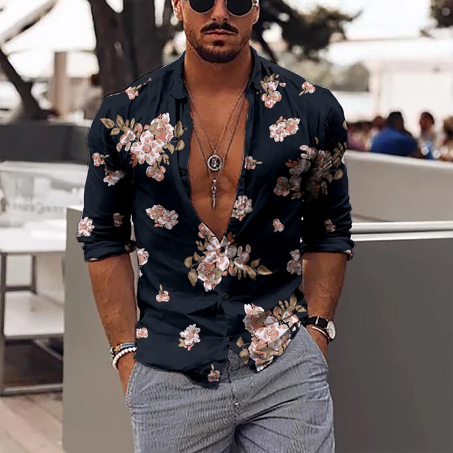 Men's Shirt Graphic Shirt Floral Collar Outdoor Street Long Sleeve Button-Down  Print Clothing Apparel Fashion Designer Casual Breathable / Winter /  Regular Fit / Winter / Fall(Black,S) 