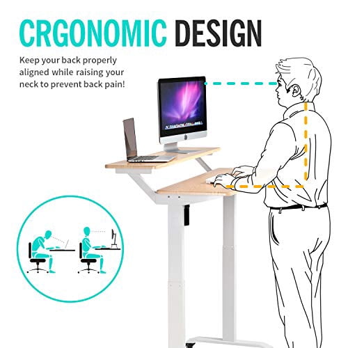 UNICOO® 2 Tier Electric Height Adjustable Standing Desk with Wheels, Electric Mobile Standing Workstation, Sit Stand Desk Home Office Desk Whole-Piece Desk Board 48 * 24 in (KT1002-LW) 2Tier