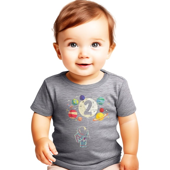 Olive Loves Apple 2nd Birthday Rocket Astronaut Themed T-Shirts with Moon Balloon and Planets for Boys and Girls Granite Heather Shirt 4T