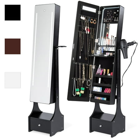 Best Choice Products Full Length Standing LED Mirrored Jewelry Makeup Storage Organizer Cabinet Armoire w/ Interior & Exterior Lights, Touchscreen, Shelf, Velvet Lining, 4 Compartments, Drawer - Black