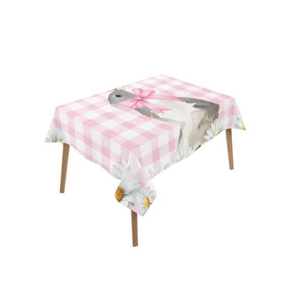 Blue Easter Bunny Table Cloth, Waterproof Tablecloth for Rectangle Tables, Spring Daisy Modern Pink Buffalo Plaid Reusable Washable Fabric Table Cover for Restaurant Kitchen Dining Tables 60"x84"