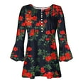 thumbnail image 4 of Pompotops Tunique Décontractée à Manches 3/4 Imprimée Florale Col en V pour Femmes Chemises Basiques d'Été Blouse Plissée Liquidation, 4 of 5