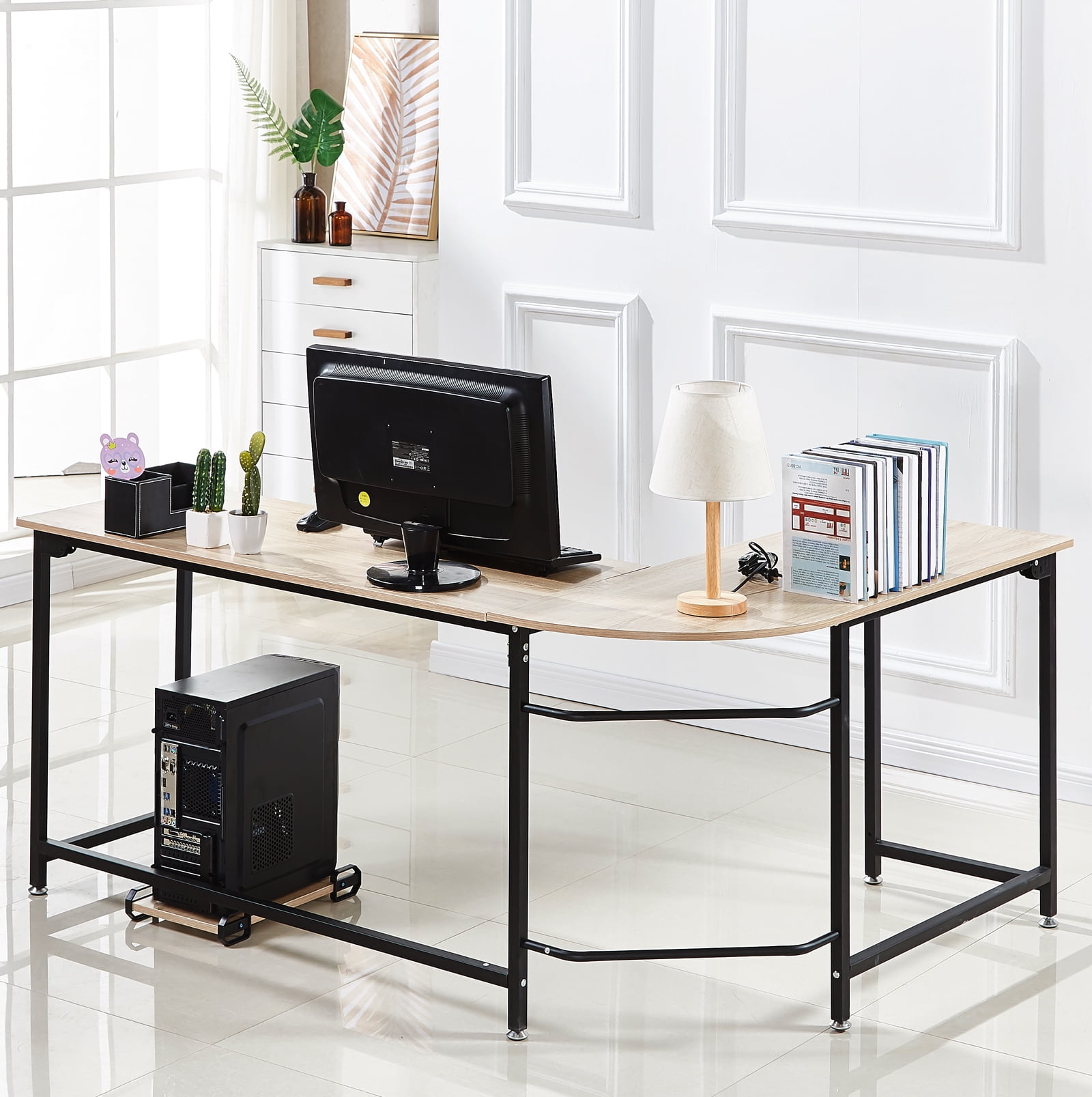 Hago Modern L-Shaped Desk Corner Computer Desk Home Office Study Workstation Wood & Steel PC Laptop Gaming Table 