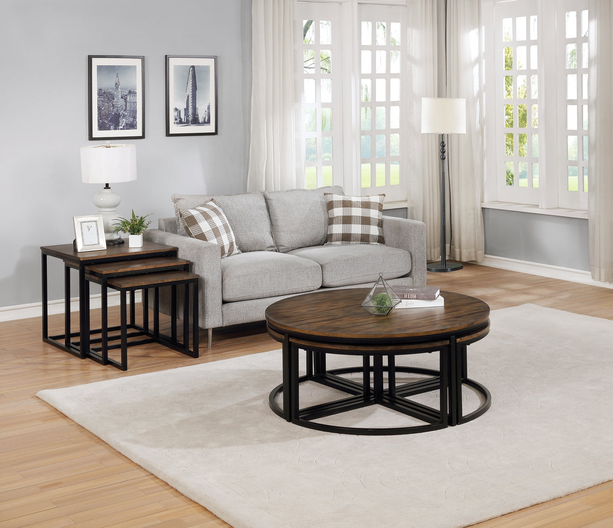 Arcadia Acacia Wood 42 Round Coffee Table with Nesting Tables, Antiqued Mocha