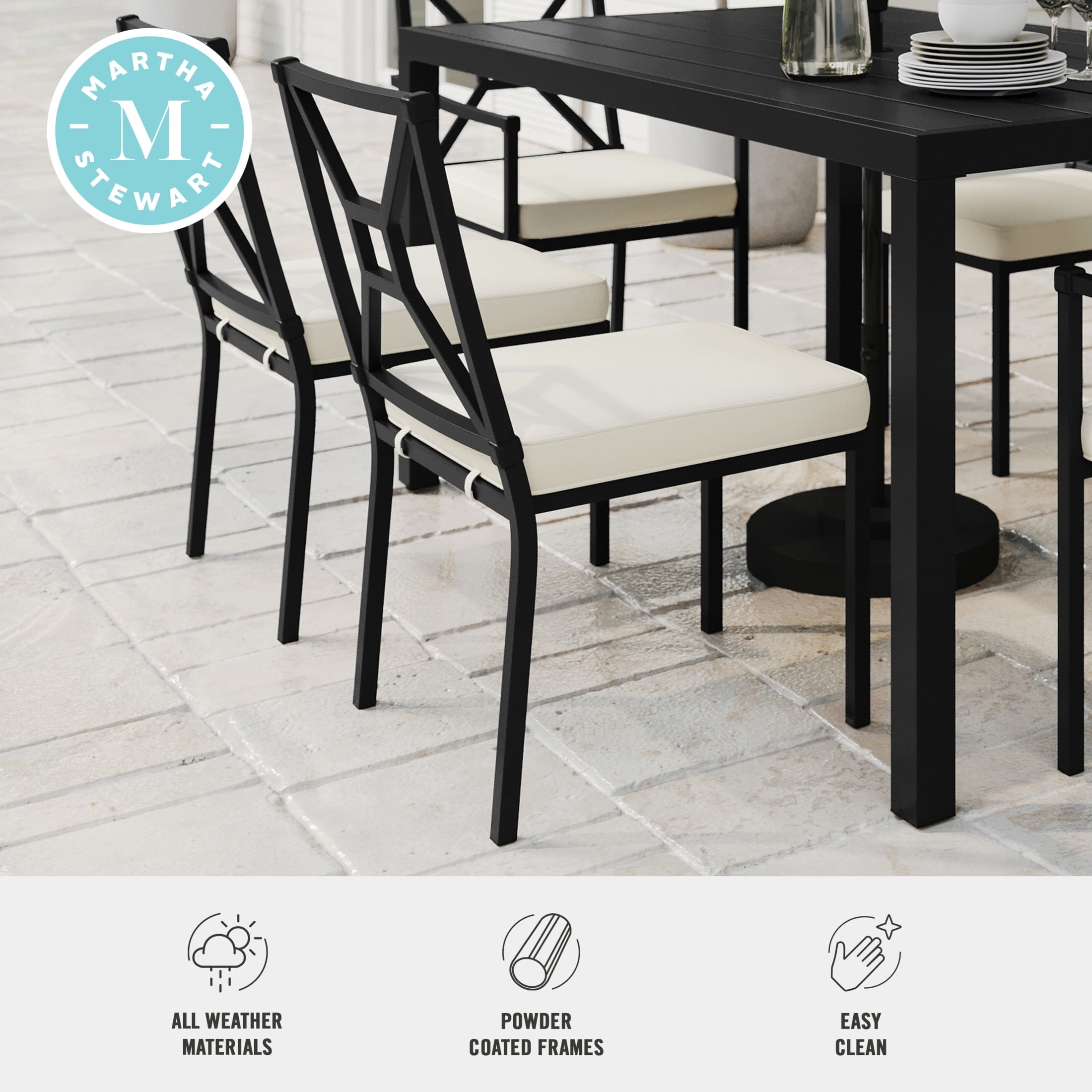 Martha Stewart Indoor-Outdoor Stackable Patio Side Dining Chair with Steel Frame in Black with Cream All-Weather Cushion