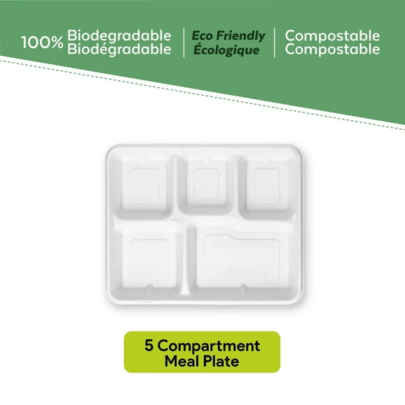 Ecopaack 5 Compartments Lunch/Dinner Plates - White - Disposable Plates - Made from Plant - 100% Compostable - 50pcs