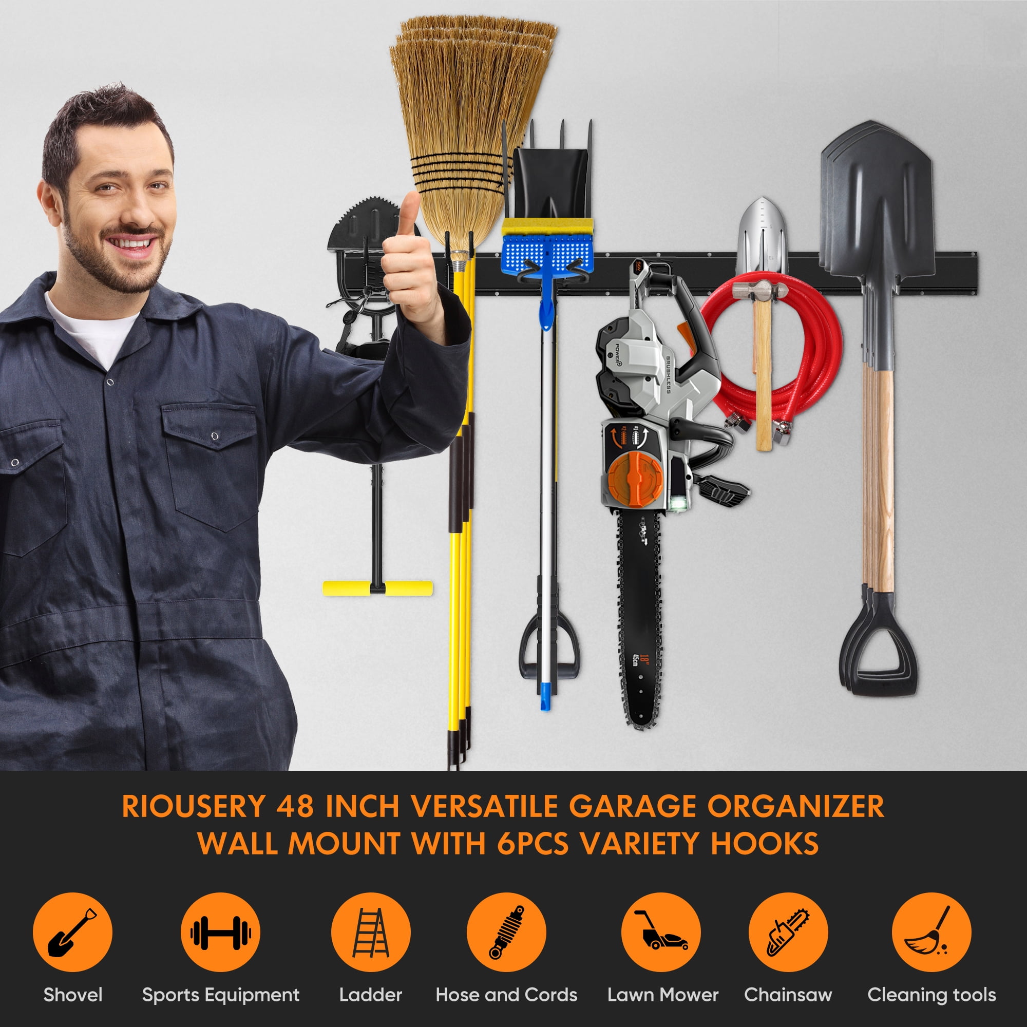 Riousery Garage Storage & Tool Organizer Wall Mount, 48-Inch Heavy Duty Steel Tool Hangers for Garage Wall, 6 Adjustable Hooks Tool Rack (450 LBS)