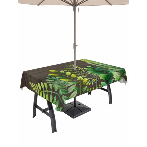 Outdoor Tablecloth with Umbrella Hole for Patio/Picnic/Party/Camping, Spring Leaves Waterproof Table Cloth Rectangle Table Cover Washable, Pastoral Garden Botanical Brown Wooden (60"x 102")