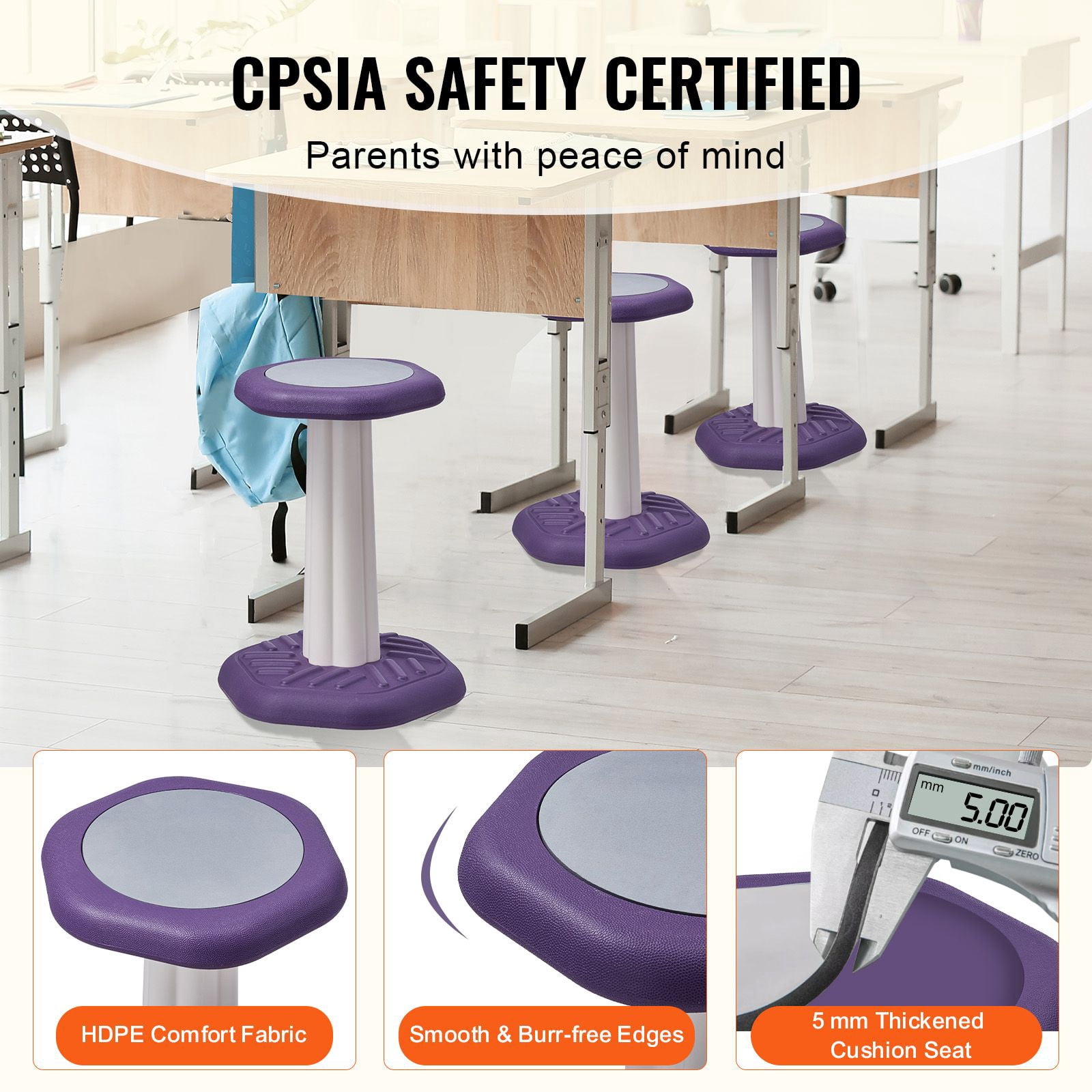 Wobble Chair 360° Swivel Anti-Tip 154 lbs Capacity HDPE for Kids Classroom ADHD