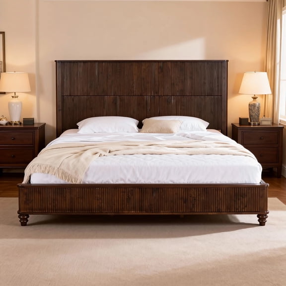 Walnut Solid Wood King Platform Bed Frame with Tall Headboard, Sturdy Natural Wood Bed, No Box Spring Required