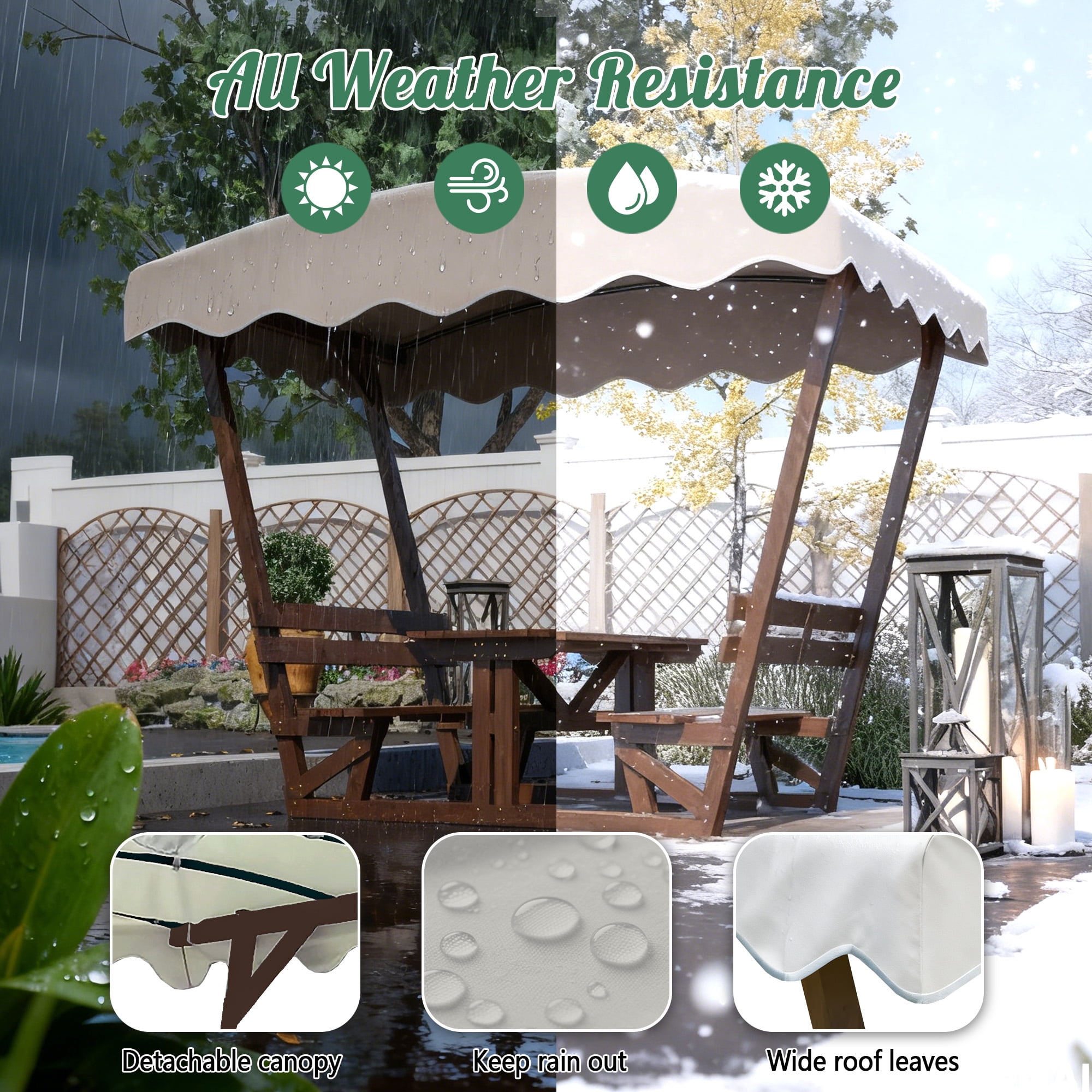 4-Person Outdoor Wooden Picnic Table with 2 Built-in Benches & Removable Canopy,Camping Dining Table for All-weather,Garden Patio Backyard,Brown01