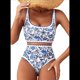 thumbnail image 2 of Conjuntos de Bikini para Mujer con Estampado Floral, Trajes de Baño de Dos Piezas con Escote Redondo y Cintura Alta. Flor Azul XL, 2 of 7