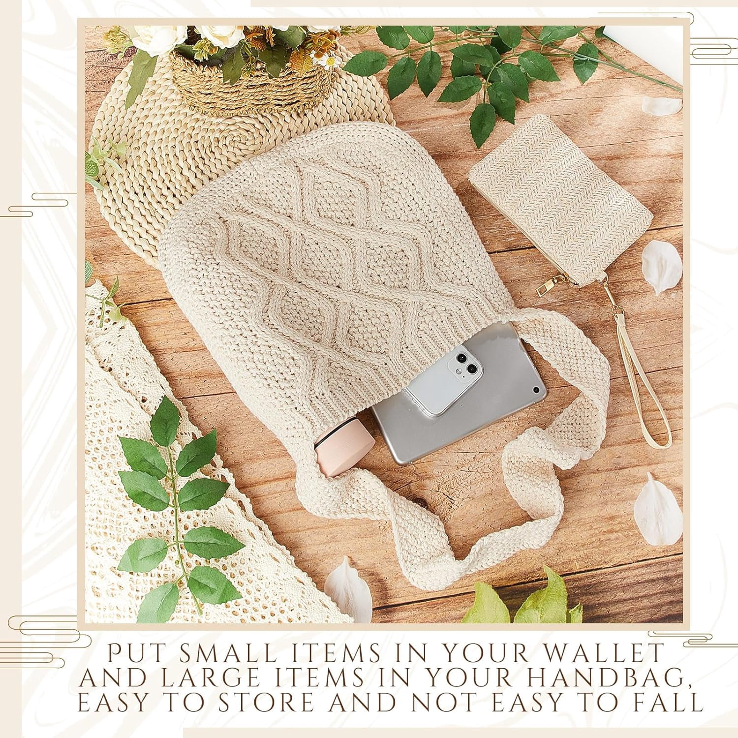 Crochet Bag for Women Crochet Tote Bag with Wristlet Wallet Bohemian Aesthetic Shoulder Handbag for Women Summer Beach(Elegant Style)